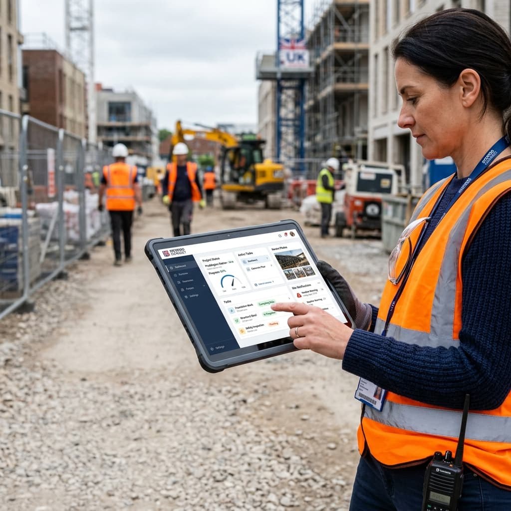 A professional UK tradesperson using a rugged tablet to input project details on a clean restoration site.
