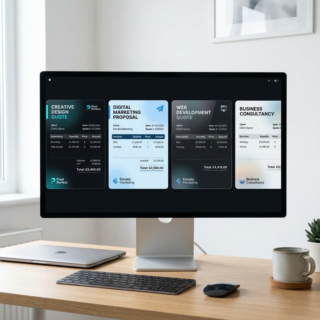 Variety of customisable professional quote templates displayed on a screen.